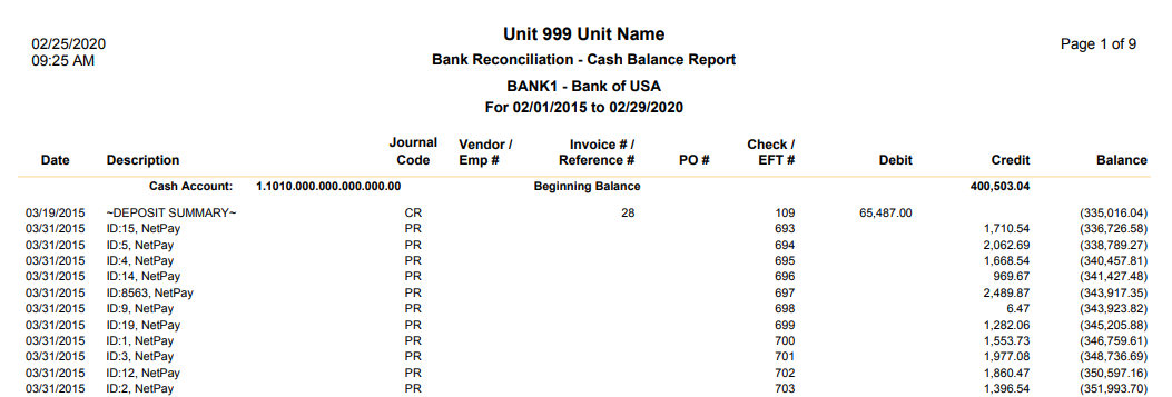 sample cash balance report